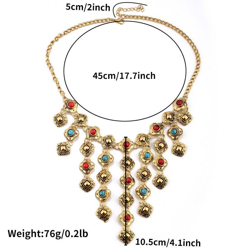Retro Carved Gem Tassel Alloy Necklace for Women