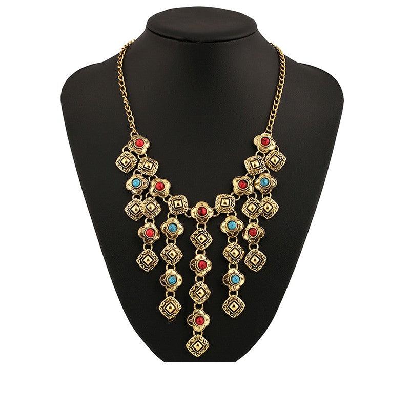 Retro Carved Gem Tassel Alloy Necklace for Women