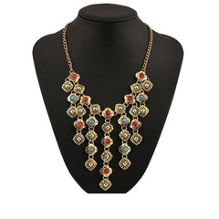 Retro Carved Gem Tassel Alloy Necklace for Women