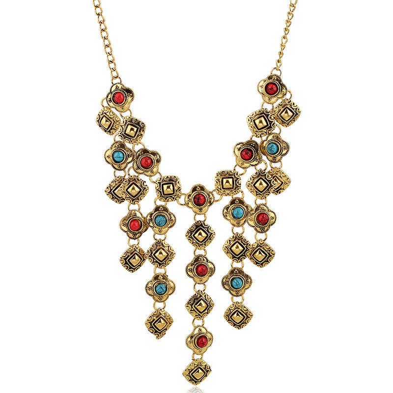 Retro Carved Gem Tassel Alloy Necklace for Women