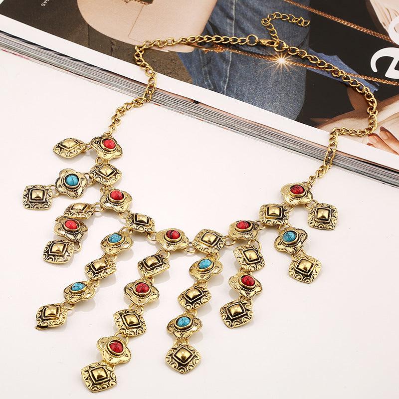 Retro Carved Gem Tassel Alloy Necklace for Women