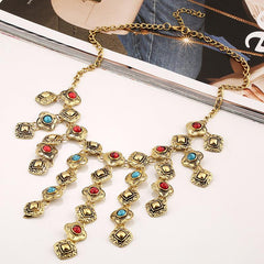 Retro Carved Gem Tassel Alloy Necklace for Women
