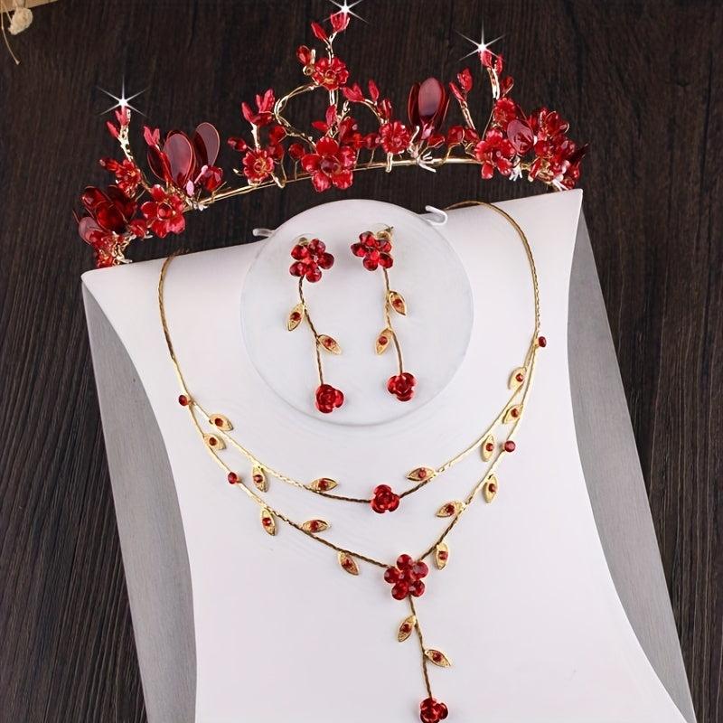 Gorgeous Bride Wedding Dress Cheongsam Set Princess Crown Red Accessories