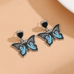Dark Butterfly Silvery Needle Drop Earrings