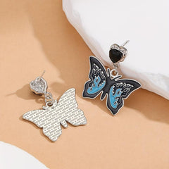 Dark Butterfly Silvery Needle Drop Earrings