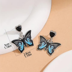 Dark Butterfly Silvery Needle Drop Earrings