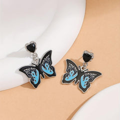 Dark Butterfly Silvery Needle Drop Earrings