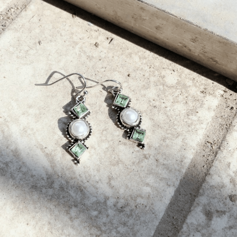 Vintage Square Artificial Diamond Olive Green Long Pendant Earrings