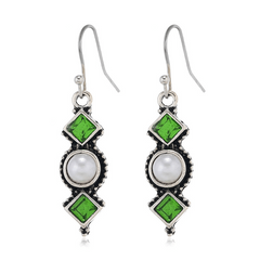Vintage Square Artificial Diamond Olive Green Long Pendant Earrings
