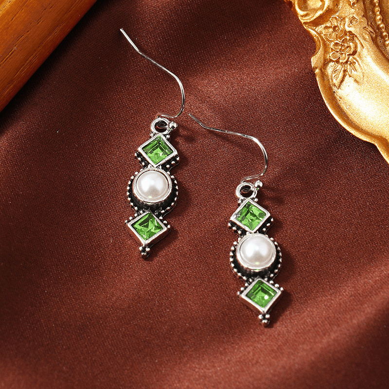 Vintage Square Artificial Diamond Olive Green Long Pendant Earrings