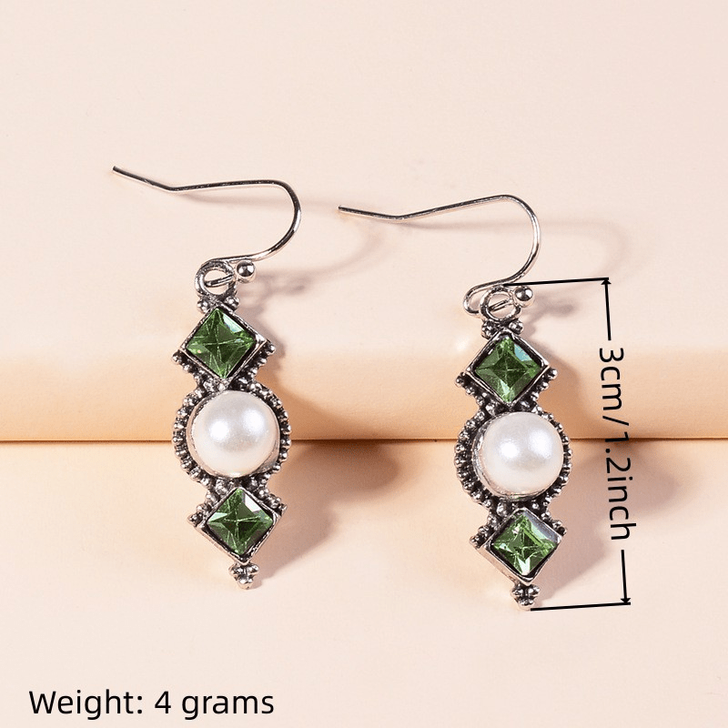 Vintage Square Artificial Diamond Olive Green Long Pendant Earrings