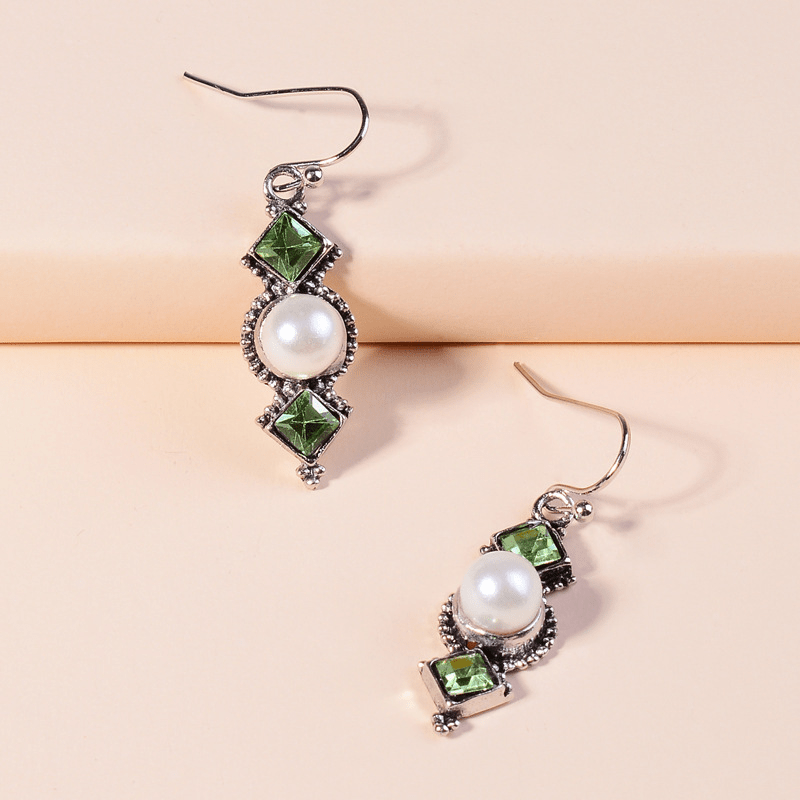 Vintage Square Artificial Diamond Olive Green Long Pendant Earrings