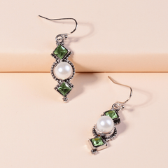 Vintage Square Artificial Diamond Olive Green Long Pendant Earrings