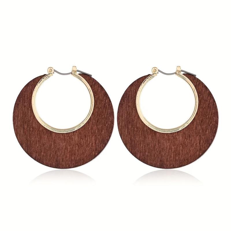 Wooden Retro Round Hollow Earrings Party Jewelry Gift