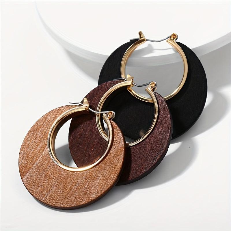 Wooden Retro Round Hollow Earrings Party Jewelry Gift