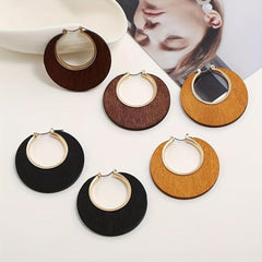 Wooden Retro Round Hollow Earrings Party Jewelry Gift