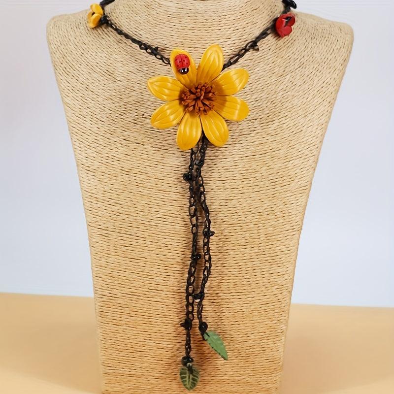 Bohemian Eight Leaf Flower Long Necklace Leather Flower Pendant Long Necklace