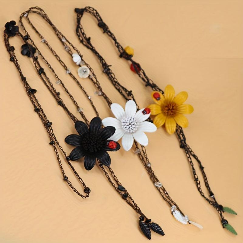 Bohemian Eight Leaf Flower Long Necklace Leather Flower Pendant Long Necklace
