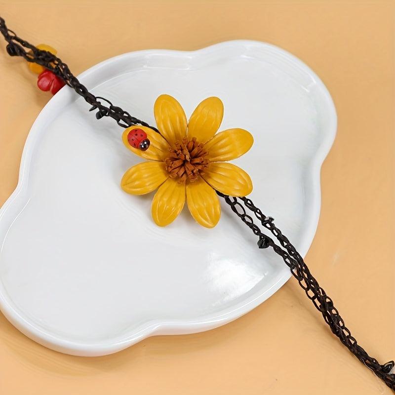 Bohemian Eight Leaf Flower Long Necklace Leather Flower Pendant Long Necklace
