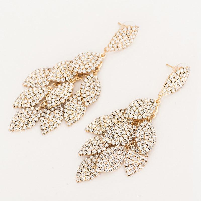Leaf Rhinestone Hip Hop Earrings Women Party Jewelry