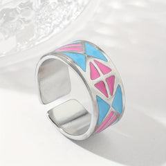 Steel Checkered Window Flower Shape Open Ring - Light Pink