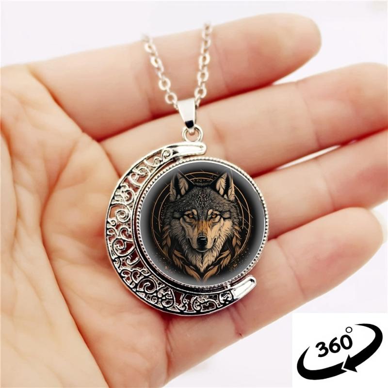 Wolf Head Crescent Moon Crystal Pendant Necklace for Men and Women