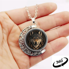 Wolf Head Crescent Moon Crystal Pendant Necklace for Men and Women