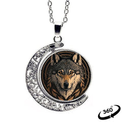 Wolf Head Crescent Moon Crystal Pendant Necklace for Men and Women