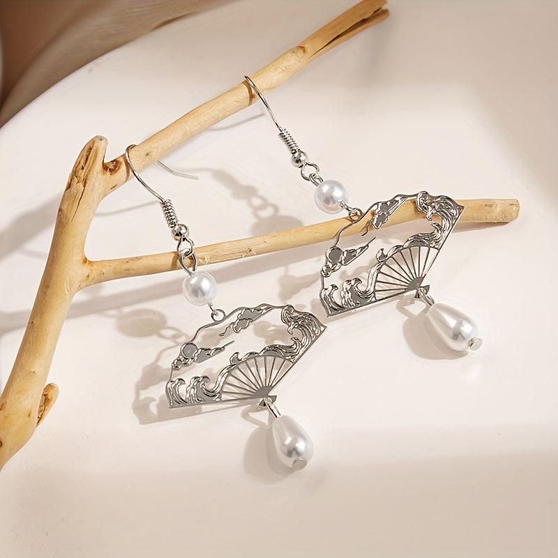 Vintage Water Drop Earrings Fan Tassel Hollow Fan Drop Earrings