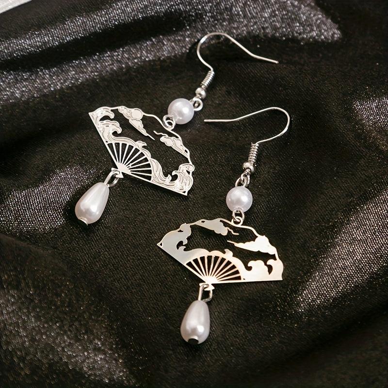 Vintage Water Drop Earrings Fan Tassel Hollow Fan Drop Earrings