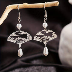 Vintage Water Drop Earrings Fan Tassel Hollow Fan Drop Earrings