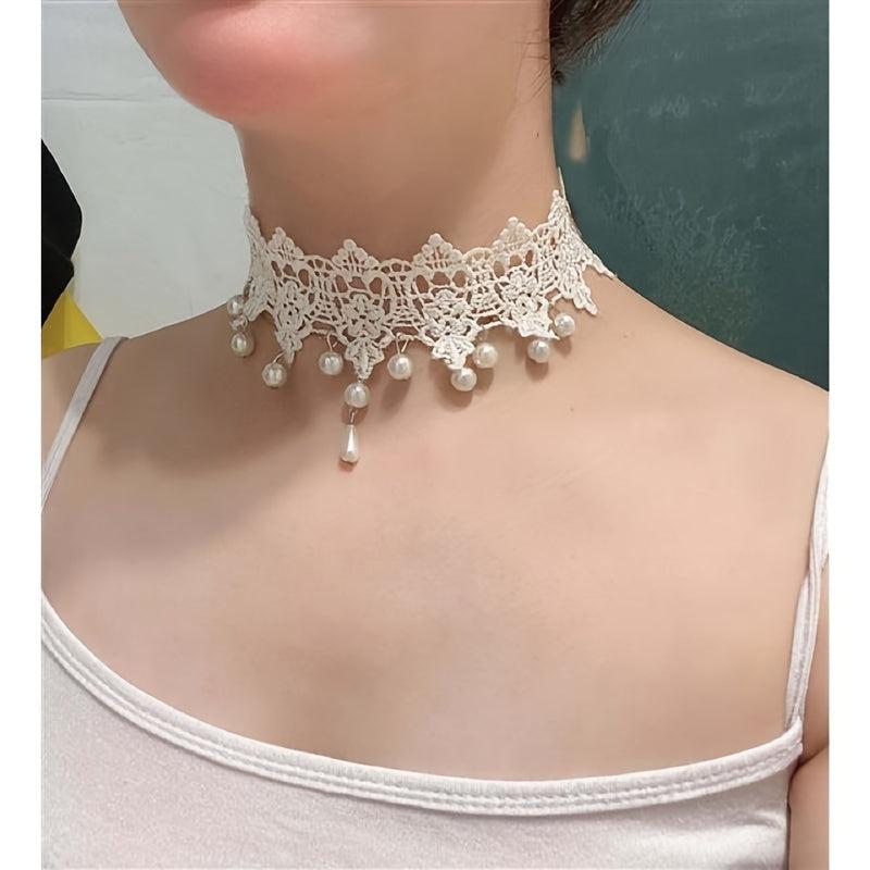 Lace Beaded Necklace Pendant Choker for Wedding Dress