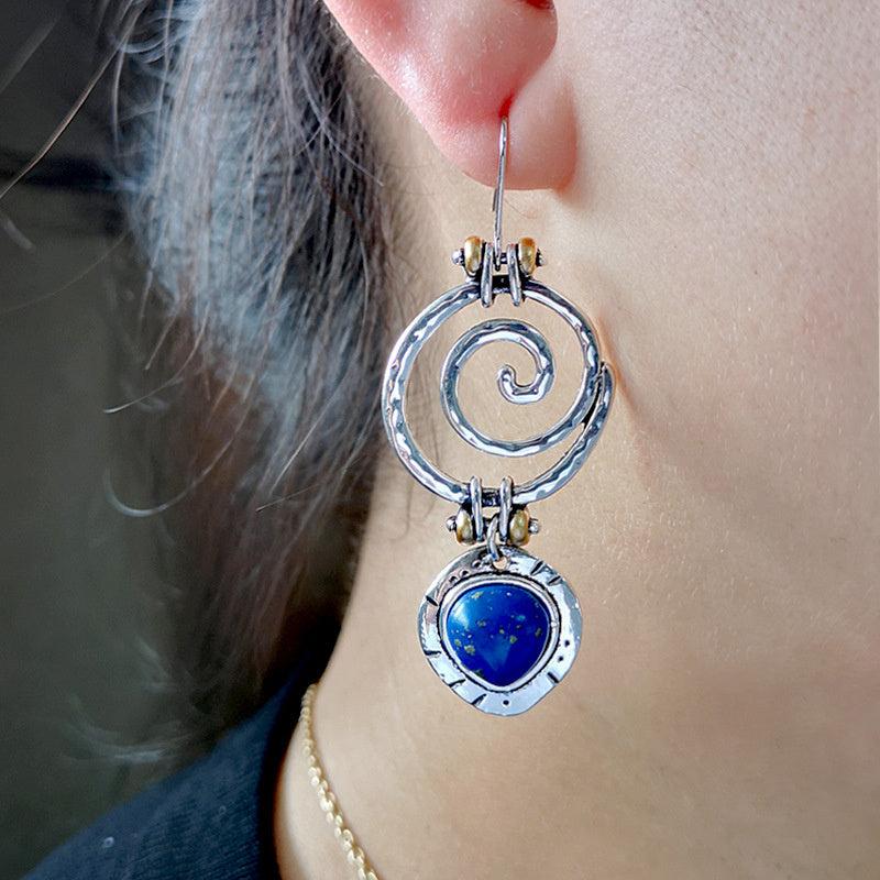 Boho Dangle Earrings Spiral Hollow Stone Antique Silvery Party Jewelry