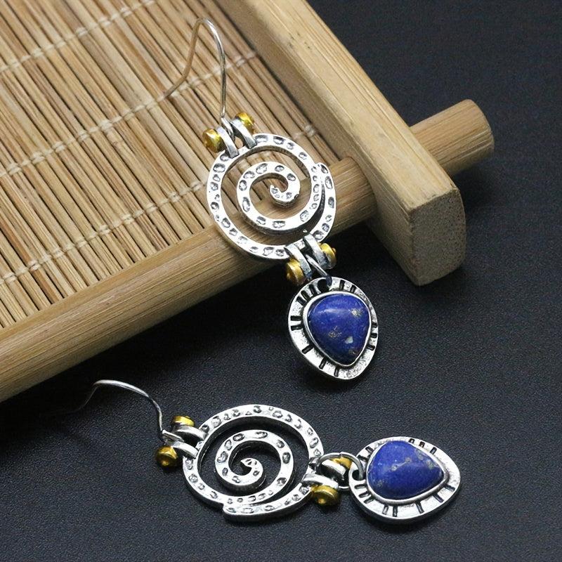 Boho Dangle Earrings Spiral Hollow Stone Antique Silvery Party Jewelry
