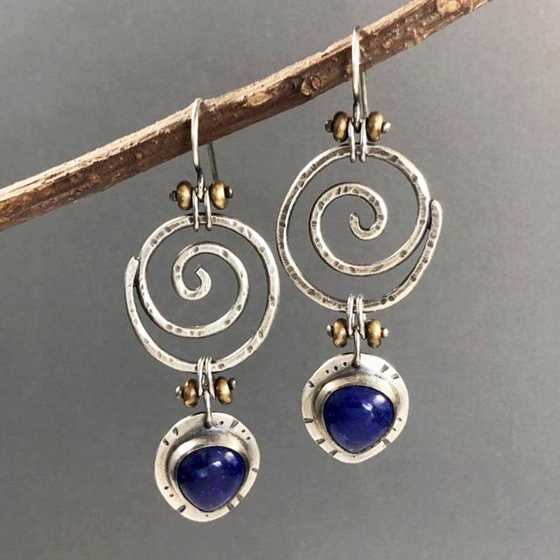 Boho Dangle Earrings Spiral Hollow Stone Antique Silvery Party Jewelry