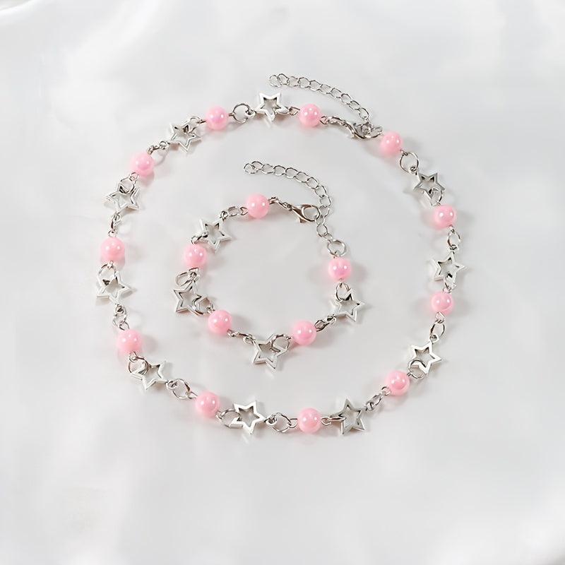 Pink Pearl Bracelet Necklace Set for Dress Up Holiday Jewelry