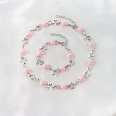 Pink Pearl Bracelet Necklace Set for Dress Up Holiday Jewelry