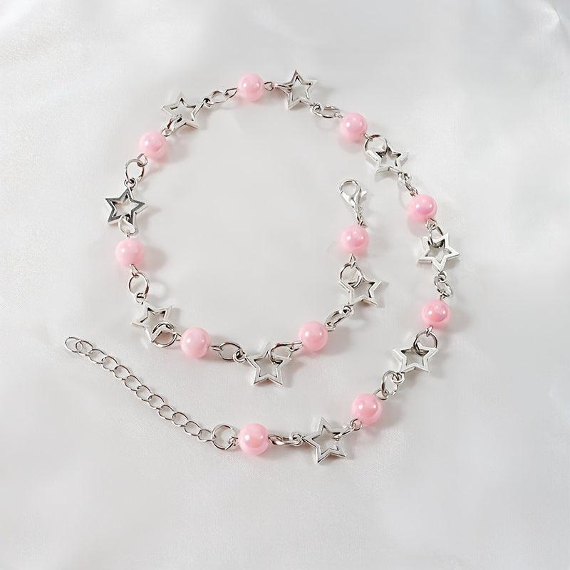 Pink Pearl Bracelet Necklace Set for Dress Up Holiday Jewelry
