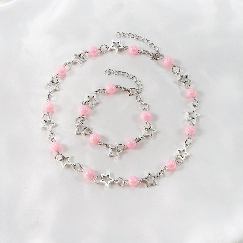 Pink Pearl Bracelet Necklace Set for Dress Up Holiday Jewelry