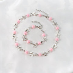 Pink Pearl Bracelet Necklace Set for Dress Up Holiday Jewelry