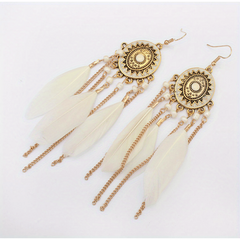 Vintage Oval Rice Beads Feather Tassel Earrings Bohemian Ethnic Jewelry