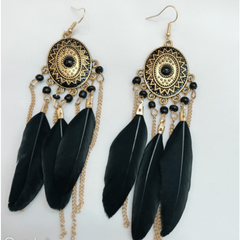 Vintage Oval Rice Beads Feather Tassel Earrings Bohemian Ethnic Jewelry