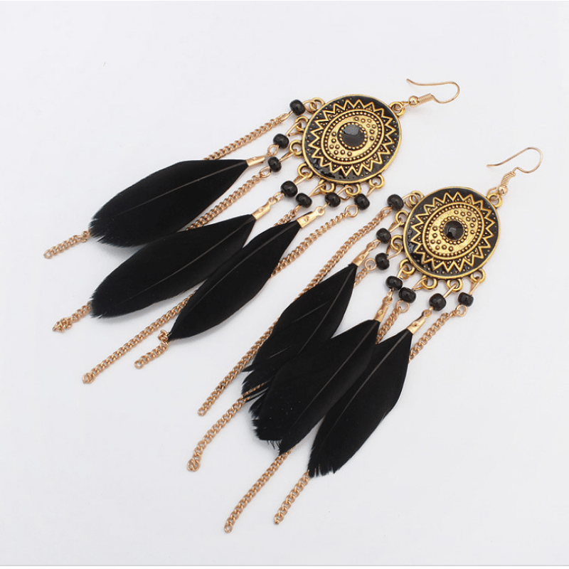 Vintage Oval Rice Beads Feather Tassel Earrings Bohemian Ethnic Jewelry