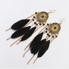 Vintage Oval Rice Beads Feather Tassel Earrings Bohemian Ethnic Jewelry