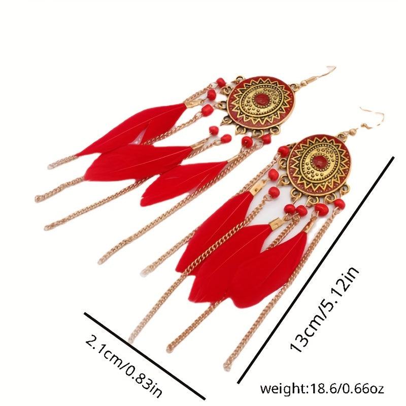 Vintage Oval Rice Beads Feather Tassel Earrings Bohemian Ethnic Jewelry