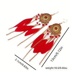 Vintage Oval Rice Beads Feather Tassel Earrings Bohemian Ethnic Jewelry