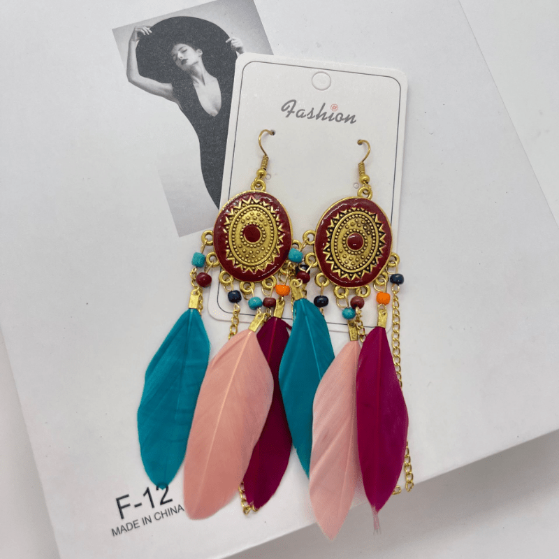 Vintage Oval Rice Beads Feather Tassel Earrings Bohemian Ethnic Jewelry