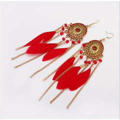 Vintage Oval Rice Beads Feather Tassel Earrings Bohemian Ethnic Jewelry