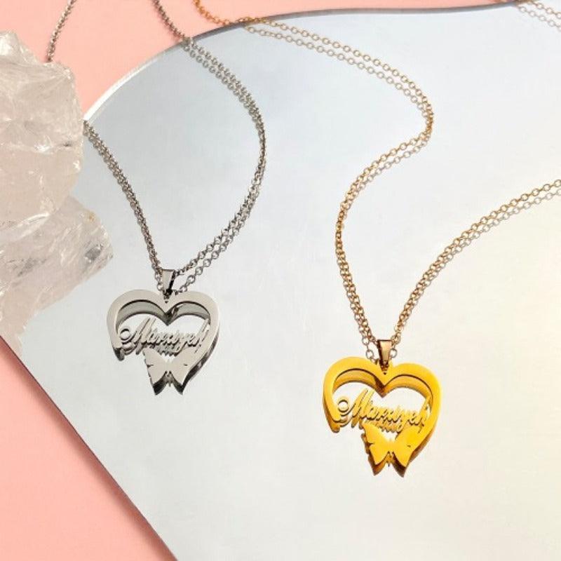 Hollow Heart Necklace Women's Stainless Steel Butterfly Pendant
