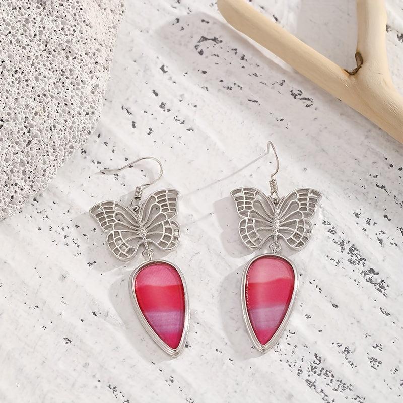 Butterfly Pattern Inlaid Red Synthetic Stone Retro Earrings